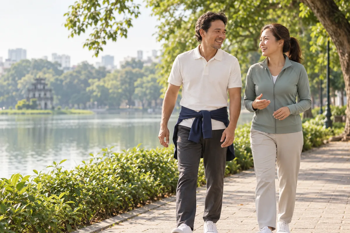 Ảnh minh họa AI: một người đàn ông và một người phụ nữ đi bộ trên lối đi lát gạch ven hồ, hai bên nhiều cây xanh, vừa đi vừa trò chuyện