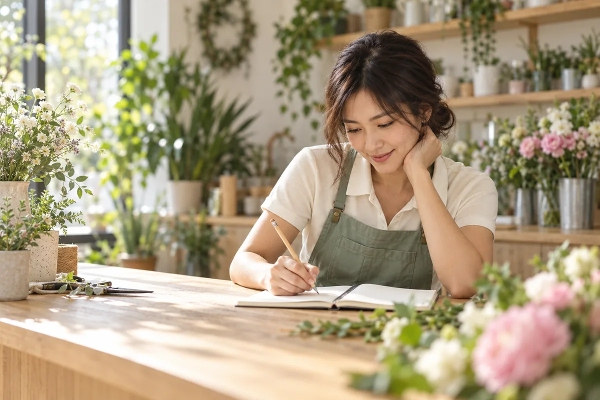 Ảnh minh họa AI: một người phụ nữ đeo tạp dề ngồi bên quầy gỗ giữa nhiều chậu hoa và cây xanh, đang viết vào cuốn sổ