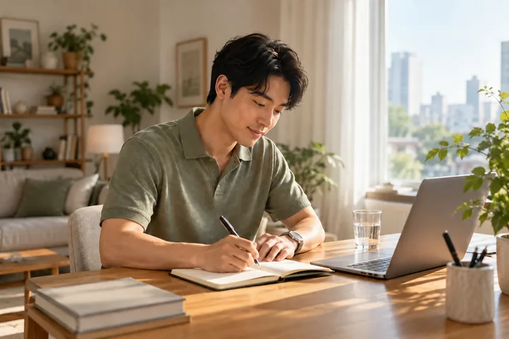Ảnh minh họa AI: một người đàn ông ngồi bên bàn gỗ cạnh cửa sổ, viết vào cuốn sổ, bên cạnh là laptop và cốc nước