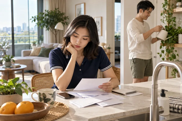 Ảnh minh họa AI: một người phụ nữ ngồi bên quầy bếp đọc một tờ giấy giữa vài phong bì, phía sau một người đàn ông đang tưới cây