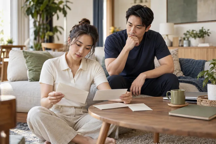 Ảnh minh họa AI: một người phụ nữ ngồi trên thảm xem hai phong bì, người đàn ông ngồi trên ghế sofa phía sau chống cằm suy nghĩ