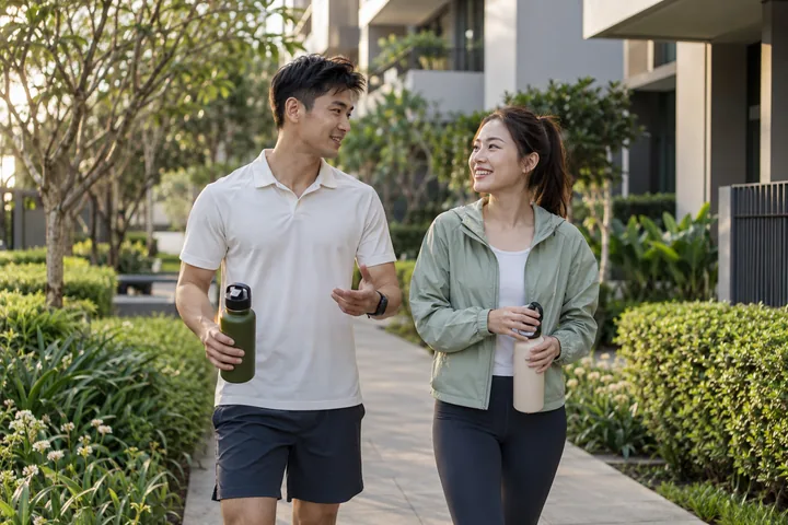 Ảnh minh họa AI: một người đàn ông và một người phụ nữ cầm bình nước, vừa đi bộ trên lối đi rợp cây vừa trò chuyện và mỉm cười