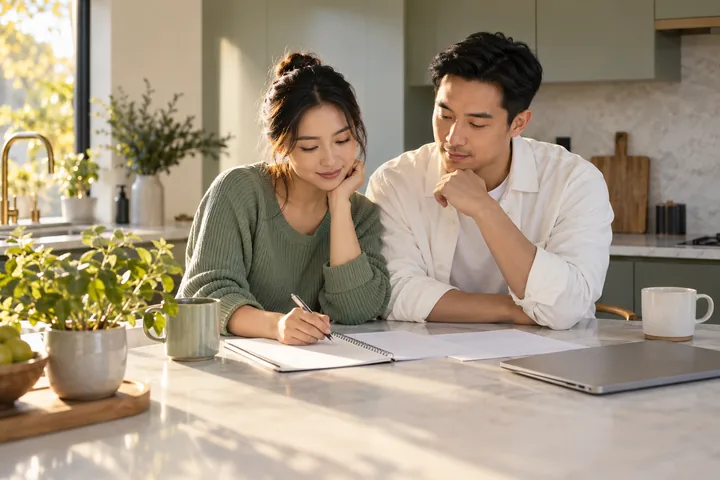 Ảnh minh họa AI: một người phụ nữ ghi vào sổ trên quầy bếp, người đàn ông ngồi cạnh chống cằm nhìn theo, bên cạnh là laptop đóng